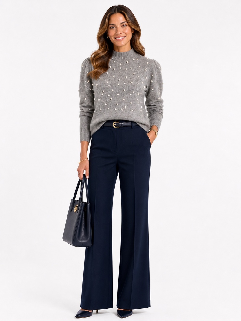 Ann Taylor Gray Pearl-Embellished Turtleneck Sweater